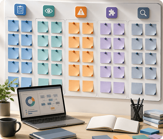 Bring your requirements board and laptop workspace graphic