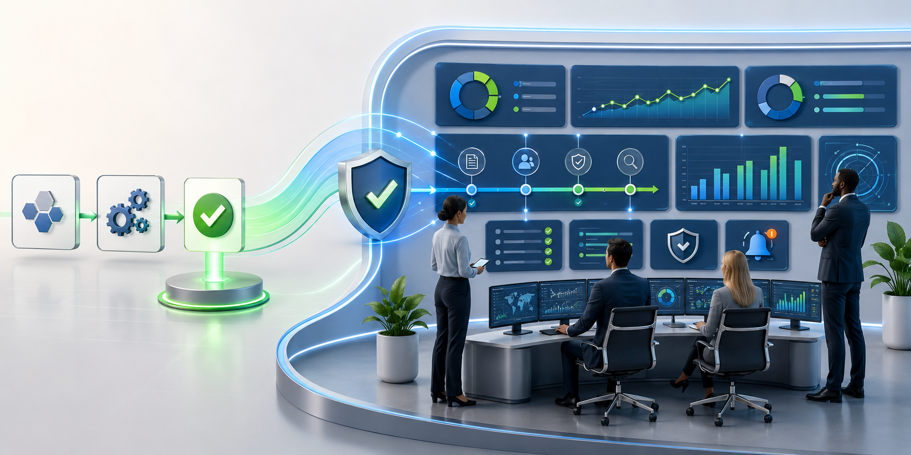 Stage 09 monitor obligations, exceptions, and control performance illustration showing ongoing post-execution governance and metrics tracking