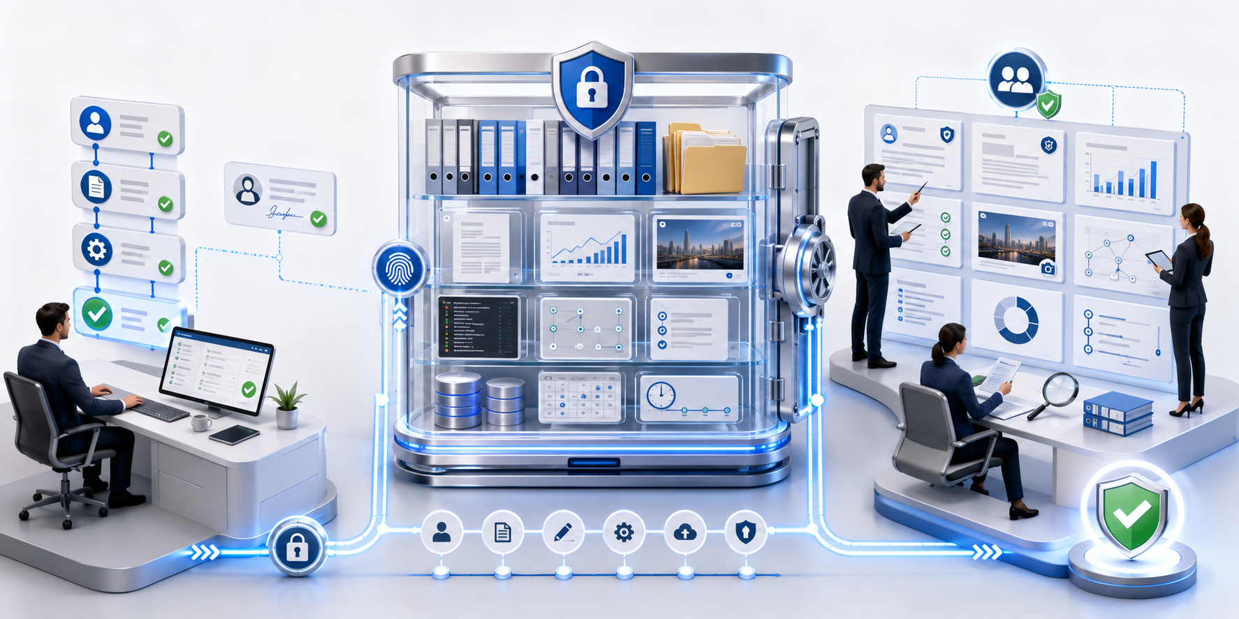 Stage 08 evidence and attribution illustration showing secure preservation of signals, contexts, rules, and decisions