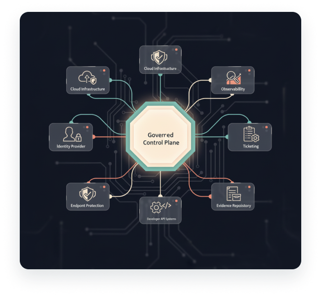 A professional operating a governed intelligence console with multiple holographic data streams, authorization loops, and security badges