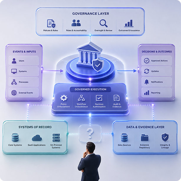 3D architecture diagram showing Governance Layer, Events & Inputs, Governed Execution, Decisions & Outcomes, Systems of Record, Data & Evidence Layer, and operator thinking