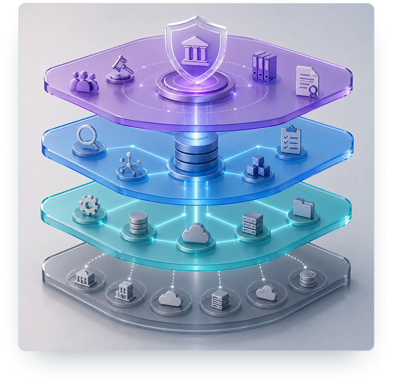 4-layer 3D architectural graphic showing source systems, integration layer, ZoikoSuite layer, and governed outputs