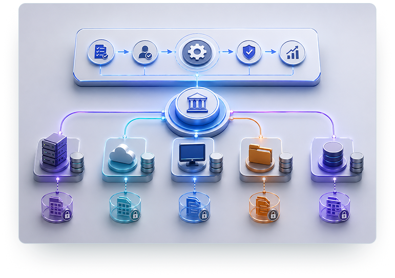 3D diagram showing consolidated workflow nodes streaming into connected enterprise database storage silos
