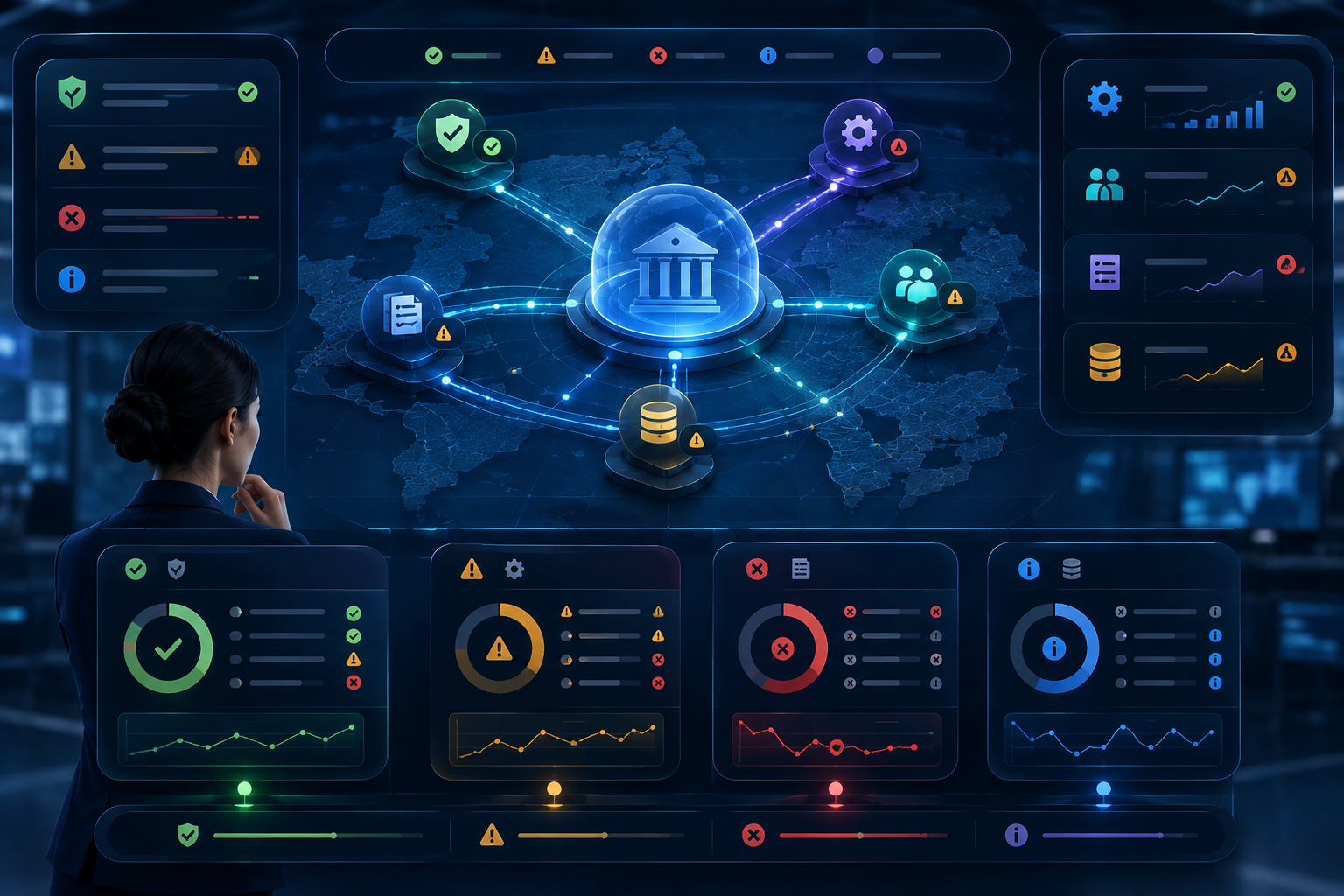 Analytics and reporting dashboard showcasing operational metrics, control behavior stats, and assurance states