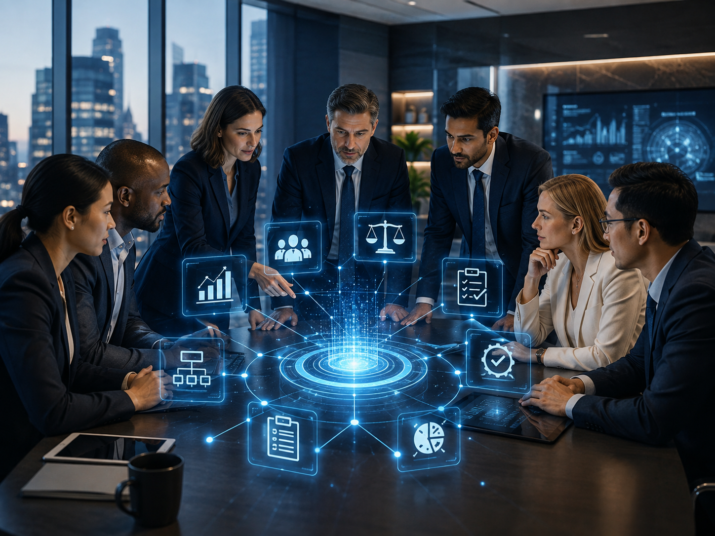 Executives collaborating around a holographic interface of governed business operations intelligence
