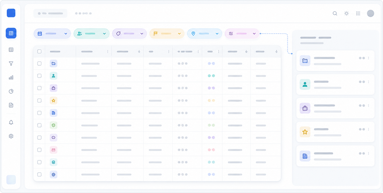 Roadmap status model table preview dashboard interface showing table filters and status chips