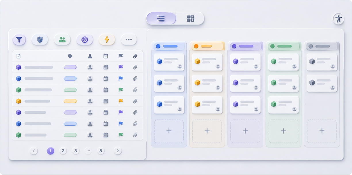 Roadmap board and list interface showing side-by-side table view and status kanban columns