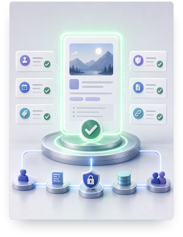 3D graphic diagram showing a published record card with approval validation indicators
