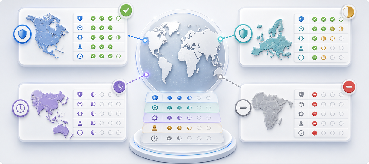 Global map and regional matrix diagram illustrating qualification across jurisdictions, entities, and deployment models