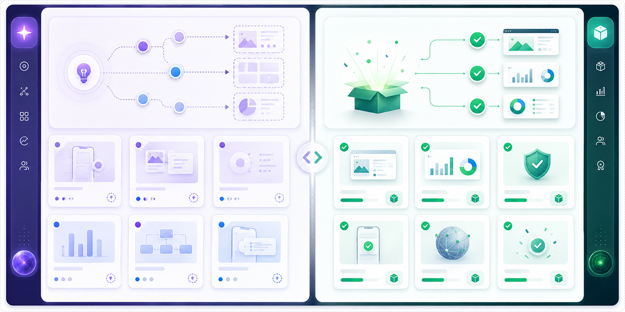 Side-by-side interface comparison illustrating future roadmap concepts versus shipped release capability archive