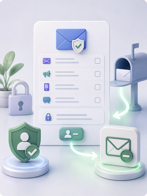 3D illustration showing notification preferences, security shield, and email delivery settings