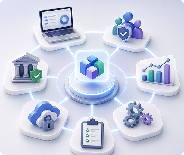 3D diagram showing interconnected platform capabilities including analytics, security, compliance, and cloud governance